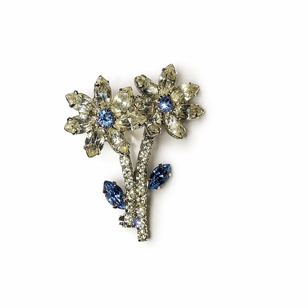 Vintage‎ Floral Rhinestone Brooch Blue & Clear Crystals